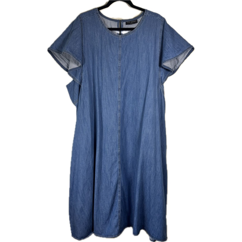 Lane Bryant Denim Dress Women 28 Blue Flutter Sleeve Shift Pockets